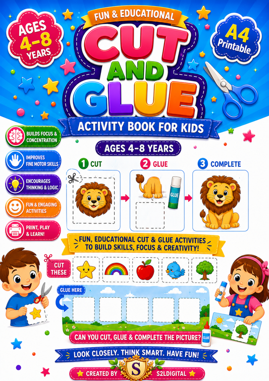 Cut & Glue Activity Book for Kids – Printable Fun (Ages 4–8) ✂️🌈
