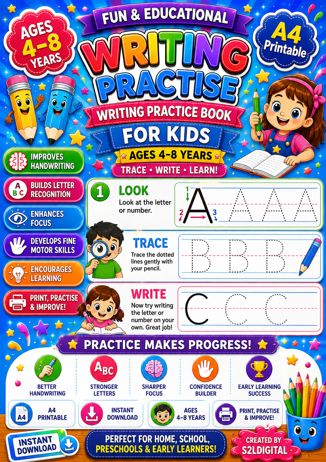✍️🌈 Writing Practice Activity Book for Kids – Fun Learning Through Writing! 🌈✍️