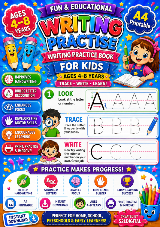 ✍️🌈 Writing Practice Activity Book for Kids – Fun Learning Through Writing! 🌈✍️