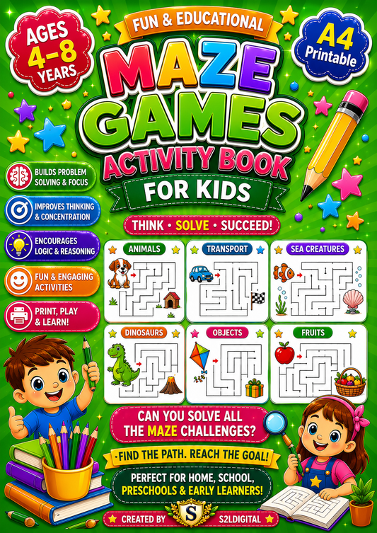 Maze Games Activity Book for Kids (Ages 4–8) – A4 Printable PDF 🌟