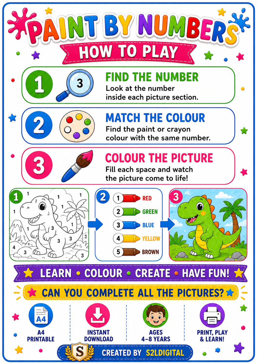 🎨 Paint By Numbers Activity Book For Kids – Ages 4–8 🌈🖌️✨