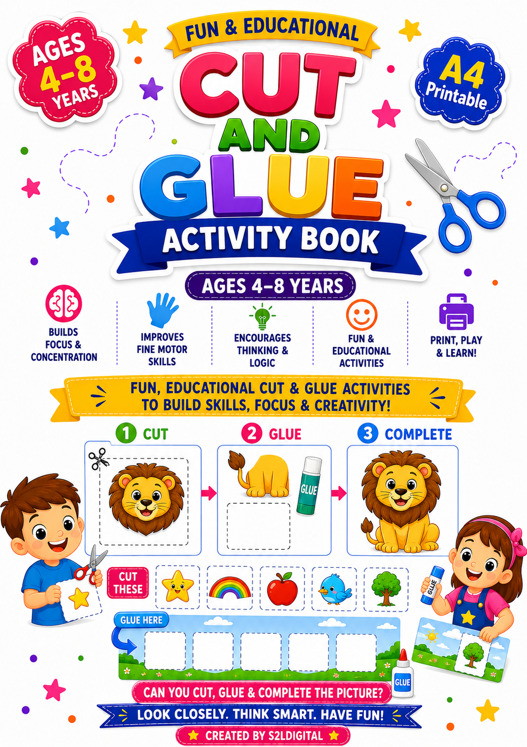 Cut & Glue Activity Book for Kids – Printable Fun (Ages 4–8) ✂️🌈
